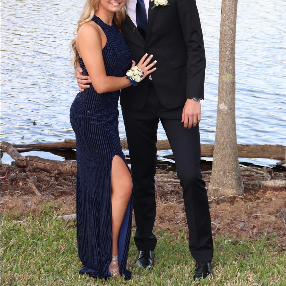 La Femme Navy Prom Dress w/ Slit Style: 26116